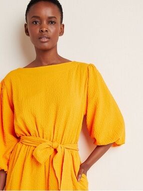 Anthropologie Orange Textured Tie-Waist Romper